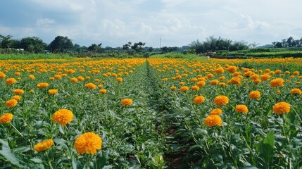 Obraz premium Vibrant yellow flower field under a clear sky showcasing blooming marigolds in a picturesque landscape