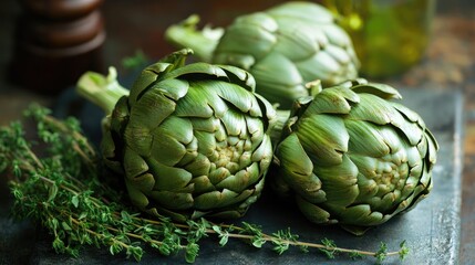 Obraz premium Boiled artichokes garnished with fresh thyme highlighting natural ingredients and culinary presentation
