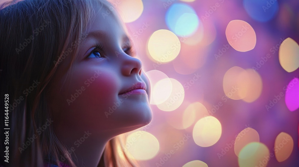 Sticker dreamy bokeh background with a child's profile enhanced by colorful blurred lights