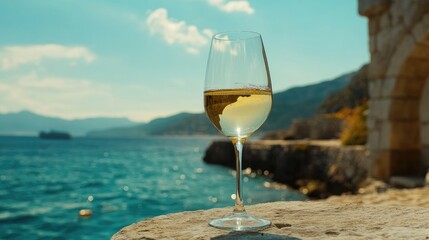 Elegant white wine glass on a table by the sea with a stunning coastal view illustrating relaxation and leisure in a beautiful setting