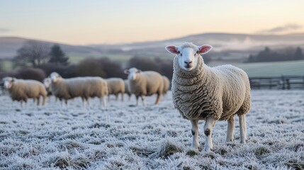 Obraz premium Frosty winter morning on a serene sheep farm with grazing sheep in a picturesque rural landscape