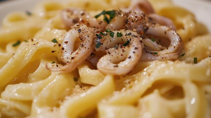 Campanelle pasta with fried squid topped with herbs and spices in a gourmet presentation