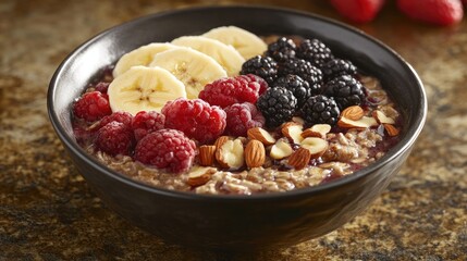 Hearty Oatmeal Bowl Topped with Fresh Berries Banana Slices and Nuts for a Healthy Breakfast Option