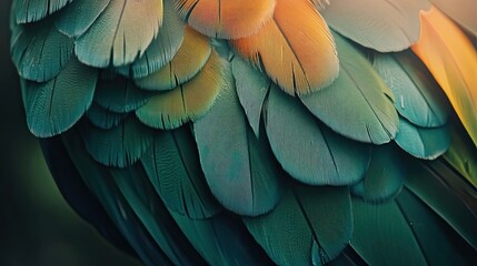 Obraz premium Vivid Green and Orange Parrot Feathers Close Up
