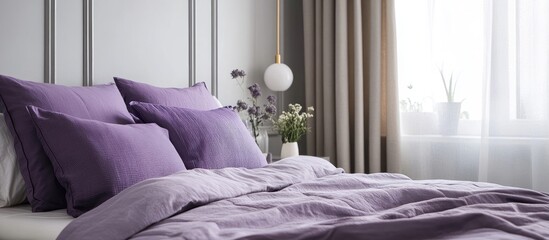 Elegant double bedroom with purple bedding and light grey walls creating a serene retreat atmosphere ideal for relaxation and comfort.