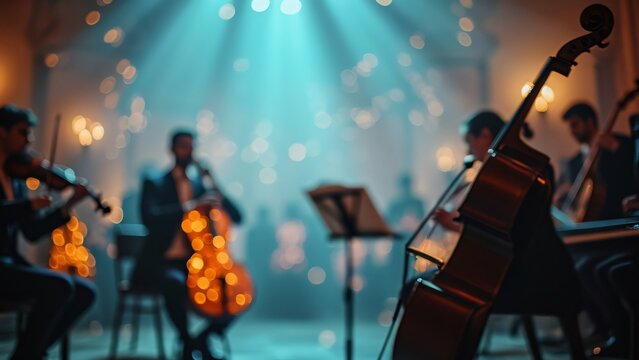 String Quartet Concert, Blurred Musicians Playing Classical Music on Stage with Warm Lighting