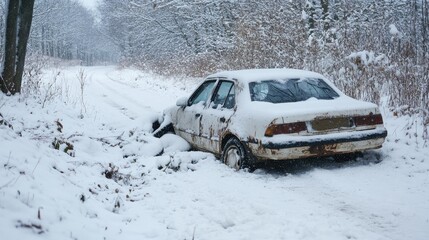 Abandoned car stuck in deep snow on remote forest road during winter season showing tires covered in fresh snowfall