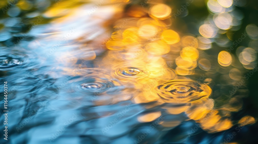 Poster bokeh abstract water reflection with colorful light patterns and raindrops on surface