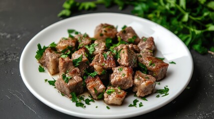 Fototapeta premium Homemade beef dumplings garnished with fresh parsley served on a white plate on a rustic dark background