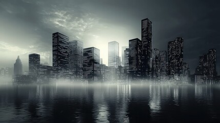 Obraz premium Mysterious Cityscape at Dawn: A Dark, Foggy Metropolis Reflected in Still Waters
