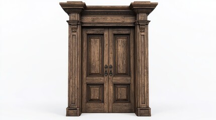 Fototapeta premium Elegant wooden double door with decorative columns isolated on a clean white background showcasing craftsmanship and classic design aesthetics