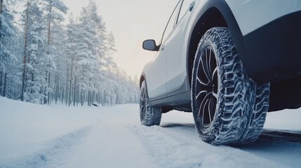 Naklejka premium SUV tire on snowy hill preparing for summer tire change winter landscape with snow and ice forest in background