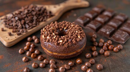 Delicious chocolate donut nestled among an assortment of chocolate delights on a dark background