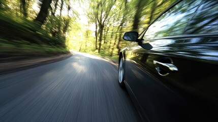 Naklejka premium Car driving fast on a curvy road through a lush forest with blurred motion effect capturing the sense of speed and adventure