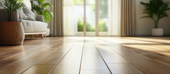 Microfiber mop cleaning a shiny wet wooden laminate floor in a bright, modern living space with natural light and greenery