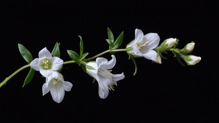 Fototapeta premium Summer bloom of Campanula orphanidea showcasing delicate white flowers on a dark background highlighting botanical beauty and uniqueness.