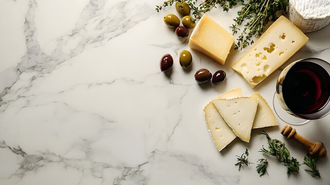 Assorted Cheeses Olives Herbs and Red Wine on Marble