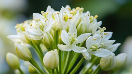 Obraz premium Delicate close-up of blooming white flowers showcasing intricate petals and vibrant yellow stamens in natural light