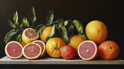 Citrus maxima collection with vibrant fruit variety showcasing colors and textures on a marble...