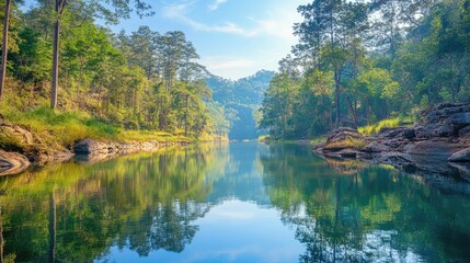 Obraz premium Tranquil river flowing through lush forest with clear reflections of trees and a serene landscape on both banks