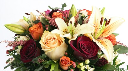 Vibrant bouquet featuring mixed lilies and roses in an artistic arrangement highlighting floral beauty and color diversity.