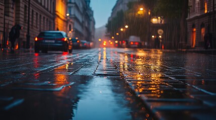 Naklejka premium reflections on wet pavement in city street during rain at dusk with glowing streetlights and cars creating a moody atmospheric scene