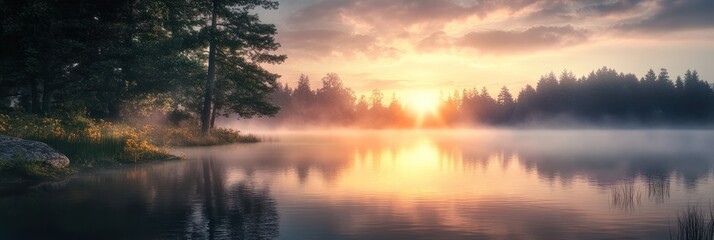 Fototapeta premium Serene Sunrise Over Foggy Lake And Trees