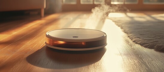 Robotic vacuum cleaner on hardwood floor demonstrating advanced home cleaning technology in modern interior setting with soft lighting