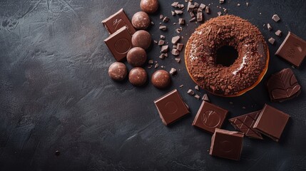 Delicious chocolate donut surrounded by an array of decadent chocolate delights on dark background