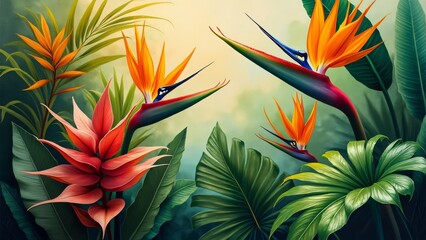 Vibrant Tropical Paradise, Bird of Paradise Flowers and Lush Foliage Artistic Print