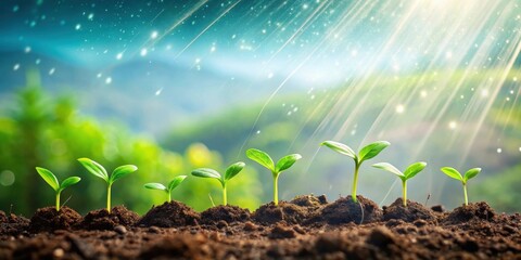 Young seedlings growing in rich soil, bathed in sunlight and gentle rain, symbolizing growth and renewal