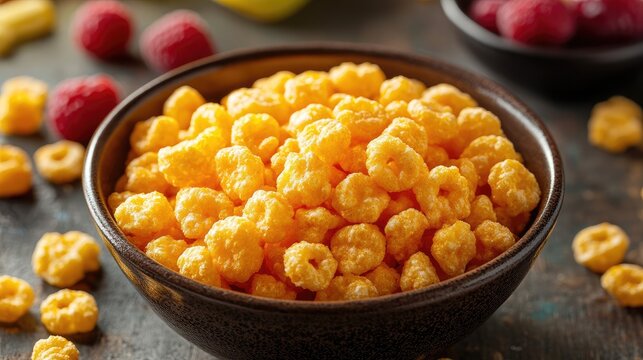 Bowl of corn puffs cereal surrounded by fresh colorful fruits promoting healthy breakfast choices and nutritious eating habits