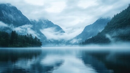 Tranquil lake surrounded by misty mountains reflecting the calm weather and serene nature in a peaceful landscape scene
