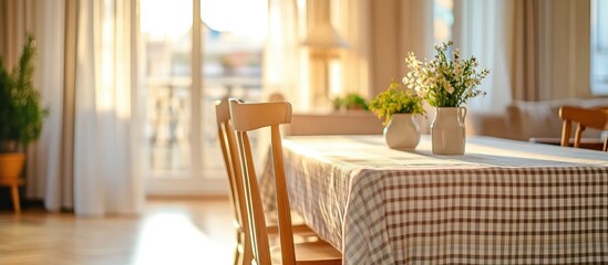 Checkered tablecloth on an empty dining table with natural light creating a warm atmosphere ideal for gatherings and event decoration