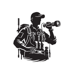 Search and rescue worker with a flashlight silhouette vector illustration clipart black color design and solid white background