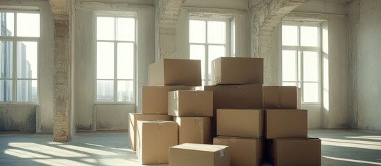 Empty moving boxes arranged in a spacious unfurnished apartment setting ideal for relocation, home staging, or interior design projects