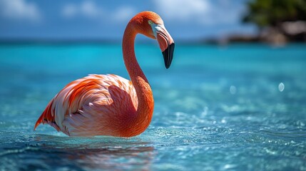 Fototapeta premium Pink flamingo wading in turquoise water.