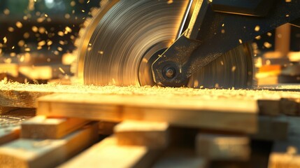 Circular saw cutting through wooden planks in carpentry workshop with flying sawdust showcasing power tools for woodworking projects.