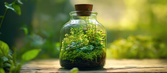 Vibrant terrarium with lush small plants in a glass bottle showcasing a miniature self-sustaining forest ecosystem in natural light.