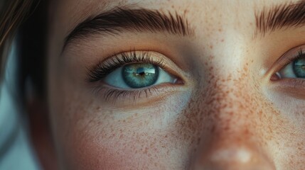 Fototapeta premium Close up of woman's face showcasing natural makeup and freckles emphasizing vibrant blue eyes and radiant skin tone