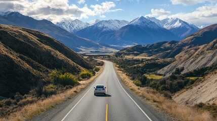 Naklejka premium Car driving on a scenic road through mountains captured from a high vantage point on a clear day