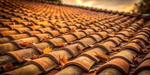 Obraz premium Autumnal Roof Tiles with Fallen Leaves A Detailed Close-Up View