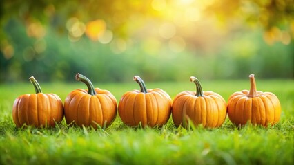 Autumn harvest Four vibrant orange pumpkins resting in lush green grass, bathed in warm sunlight.