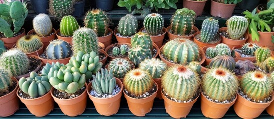 Fototapeta premium Minimalistic cactus plants displayed in a vibrant nursery showcasing indoor gardening and decorative greenery ideas