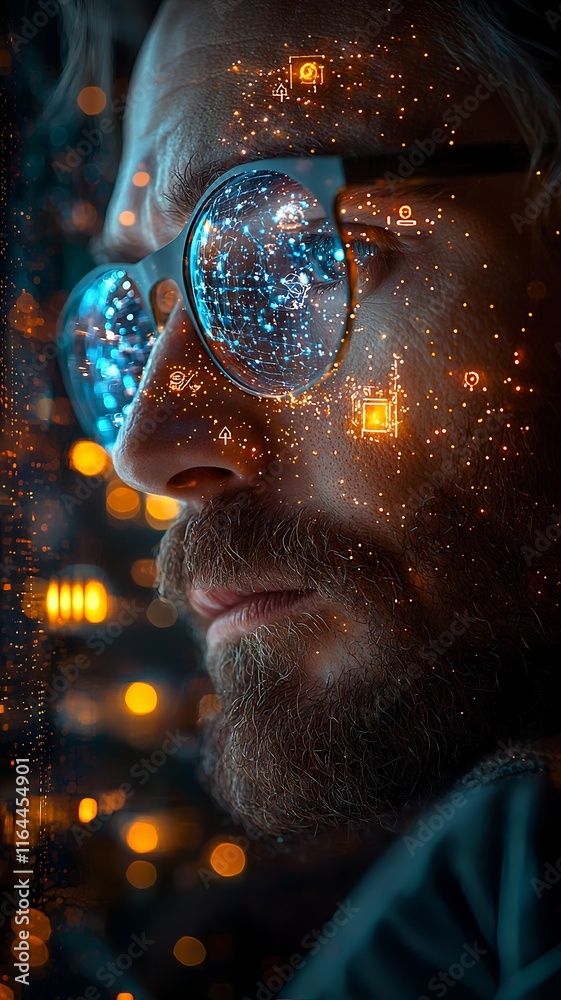 Poster programmer studying quantum internet model on transparent display with twinkling city lights in back
