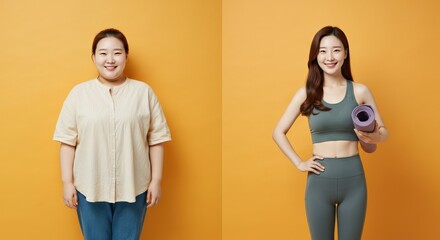 Transformation journey concept with asian female models in casual and active wear on orange background