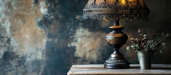 Obraz premium Classic vintage lamp with ornate design on rustic wooden table enhancing home decor ambiance and style.