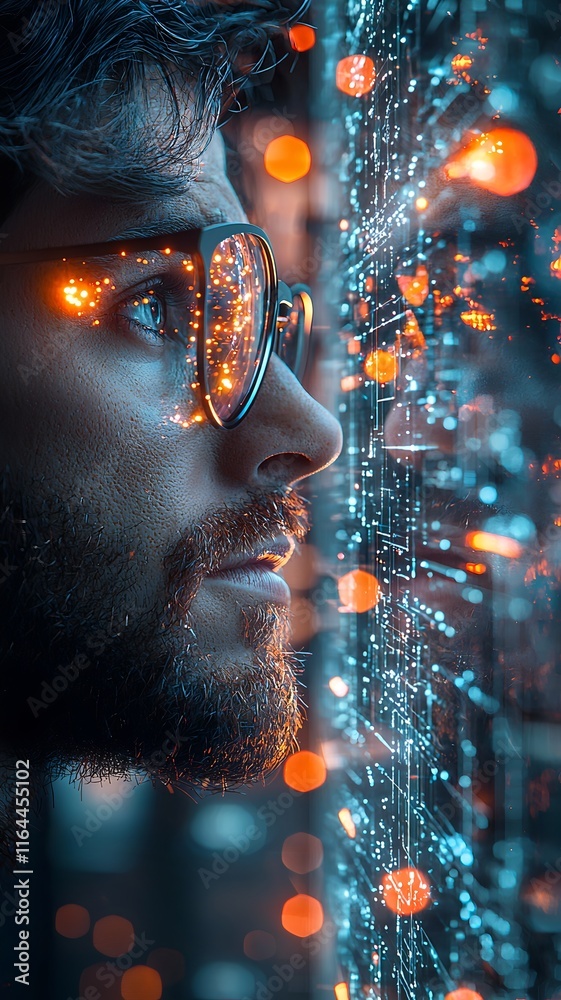 Poster programmer studying quantum internet model on transparent display with twinkling city lights in the 