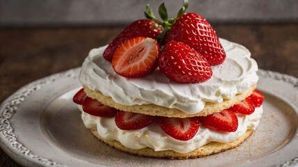 Strawberry heart-shaped cake with whipped cream on a white plate