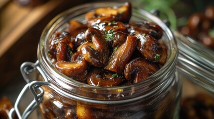 Caramelized milk mushrooms beautifully presented in a vintage glass jar with fresh herbs showcasing gourmet culinary artistry